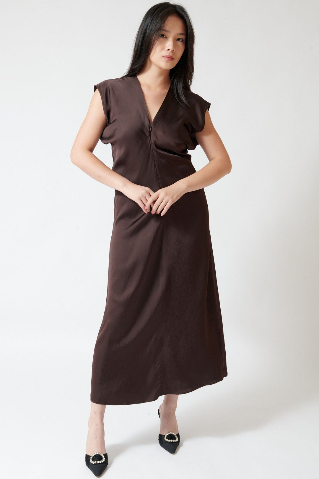 Angela wearing Apiece Apart Monde Drape Bias Maxi front view