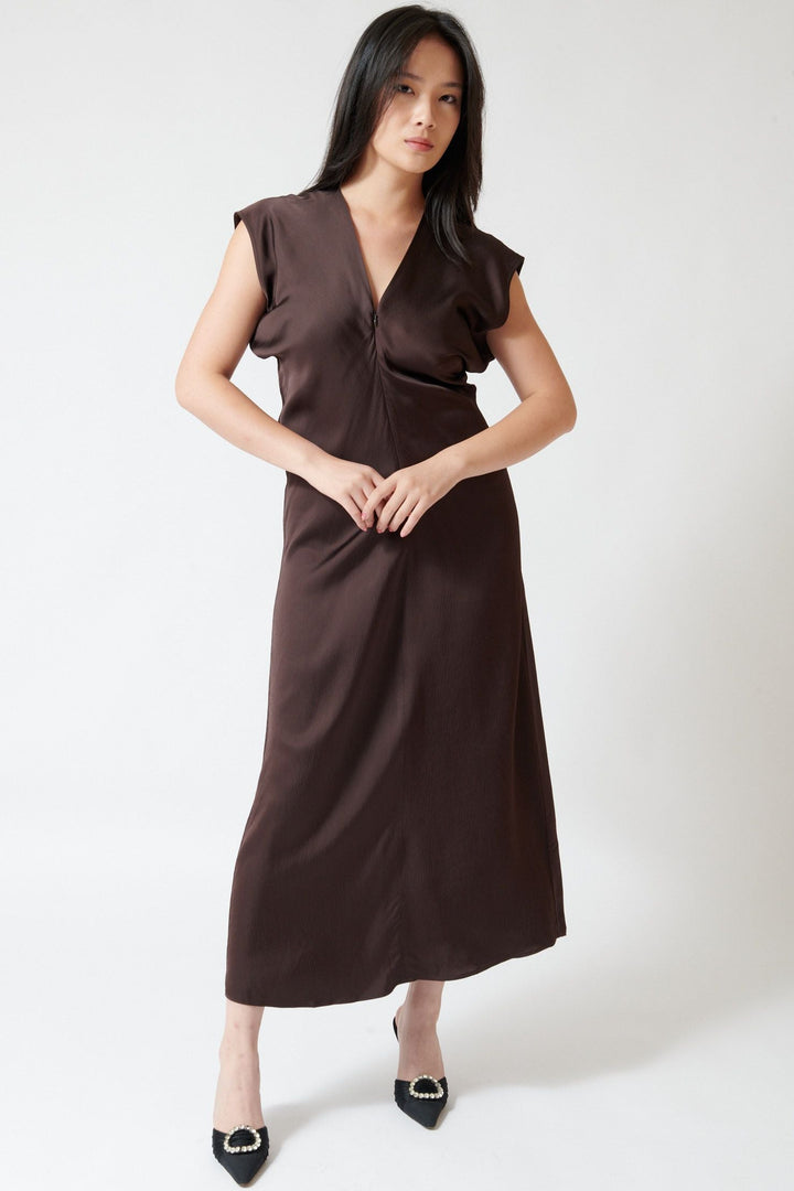 Angela wearing Apiece Apart Monde Drape Bias Maxi front view