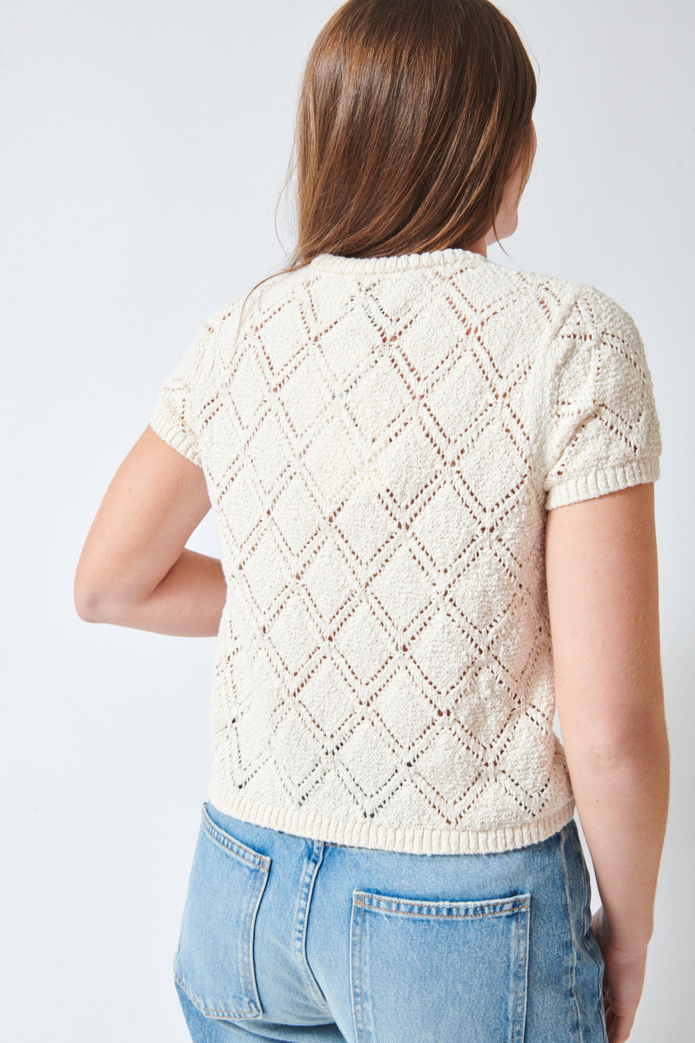 Julia wearing White + Warren Cotton Pointelle Top Ivory rear view