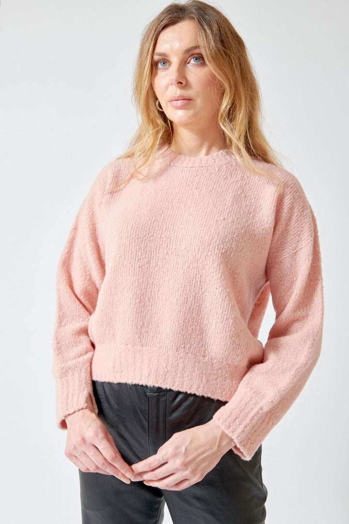 A woman wearing a fuzzy, textured light pink crewneck sweater and black leather pants, standing against a light gray studio background.