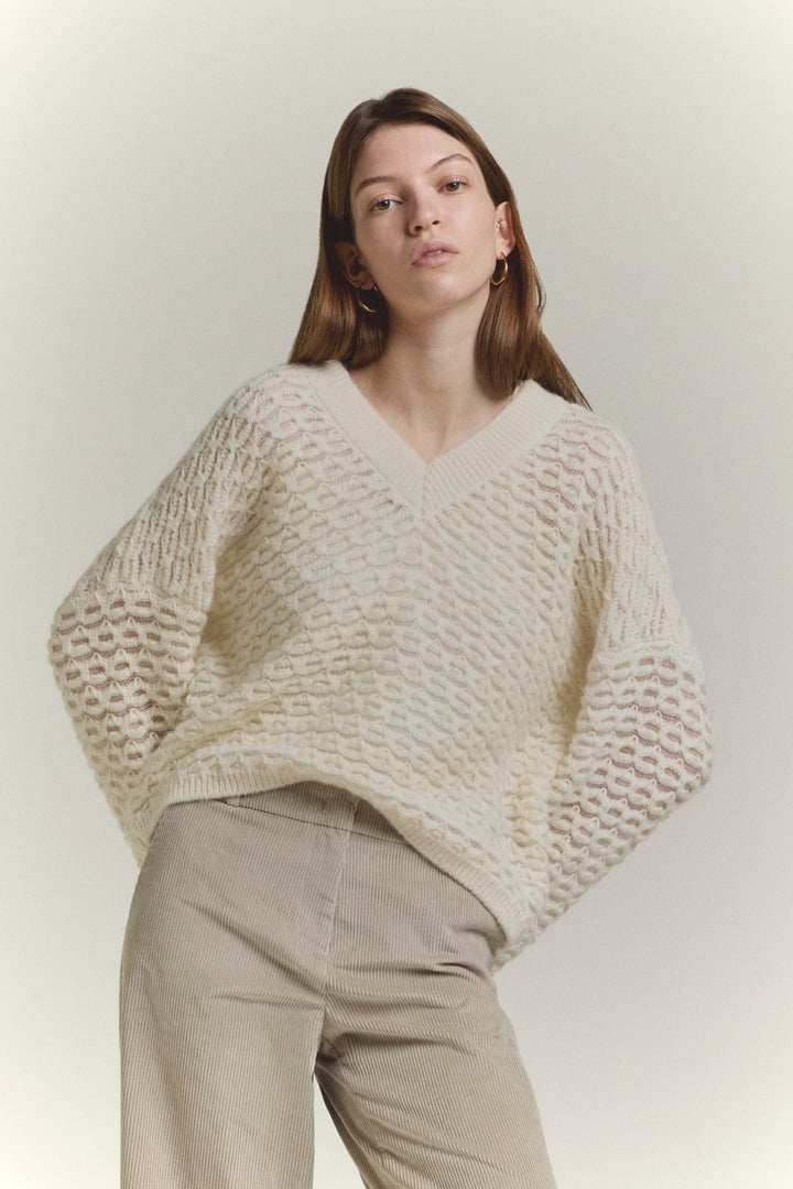 SCAGLIONE V Neck Boxy Fluffy Lace Sweater