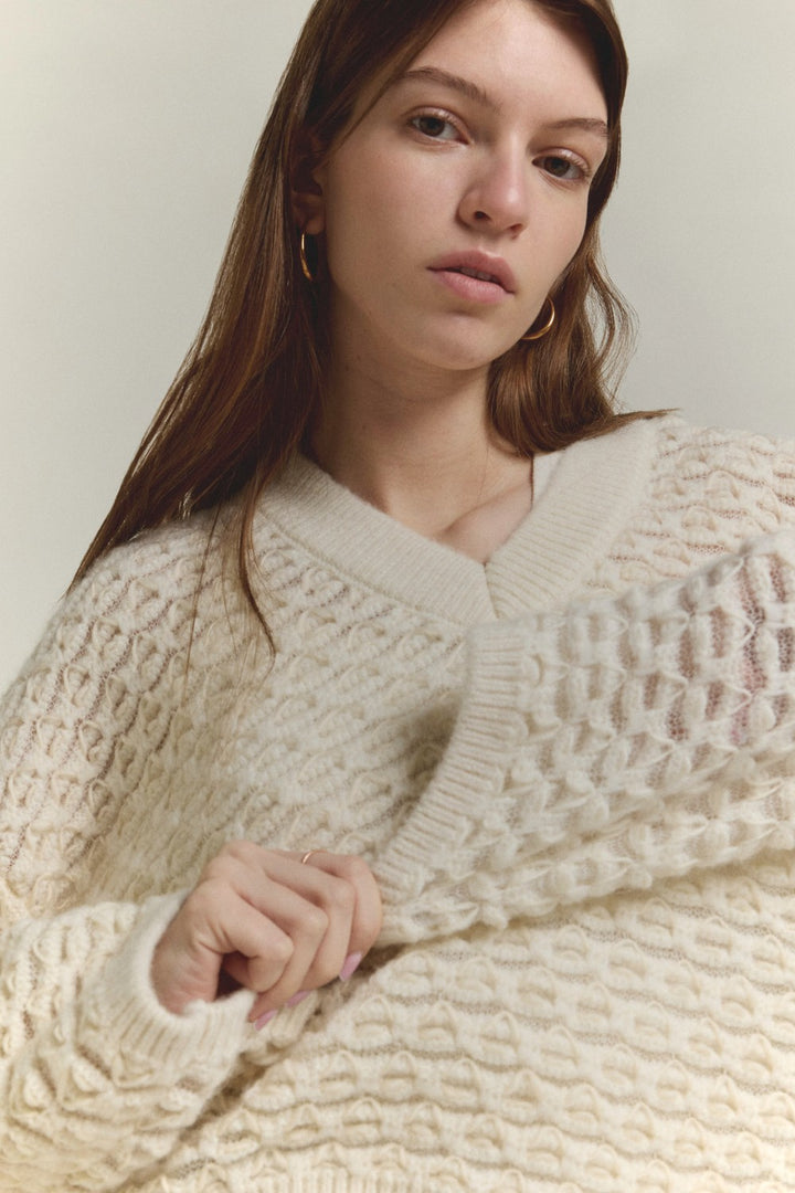 SCAGLIONE V Neck Boxy Fluffy Lace Sweater