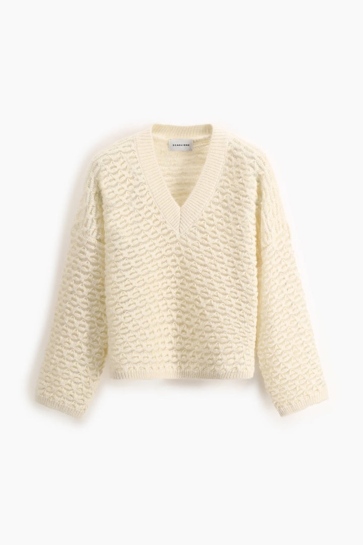 SCAGLIONE V Neck Boxy Fluffy Lace Sweater