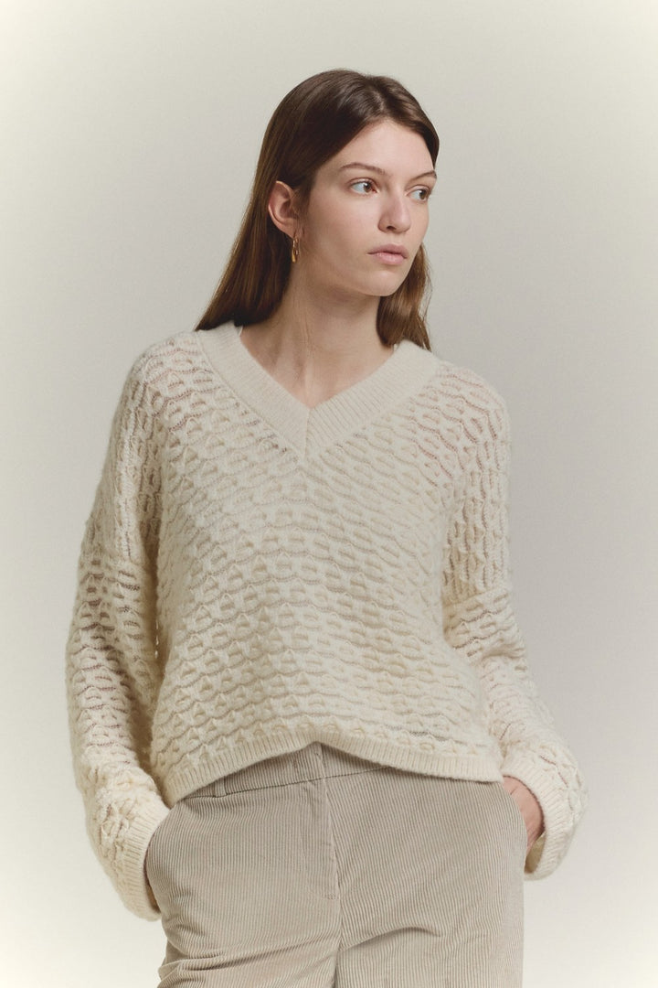 SCAGLIONE V Neck Boxy Fluffy Lace Sweater
