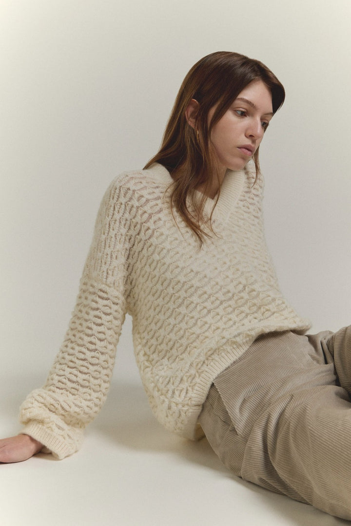 SCAGLIONE V Neck Boxy Fluffy Lace Sweater