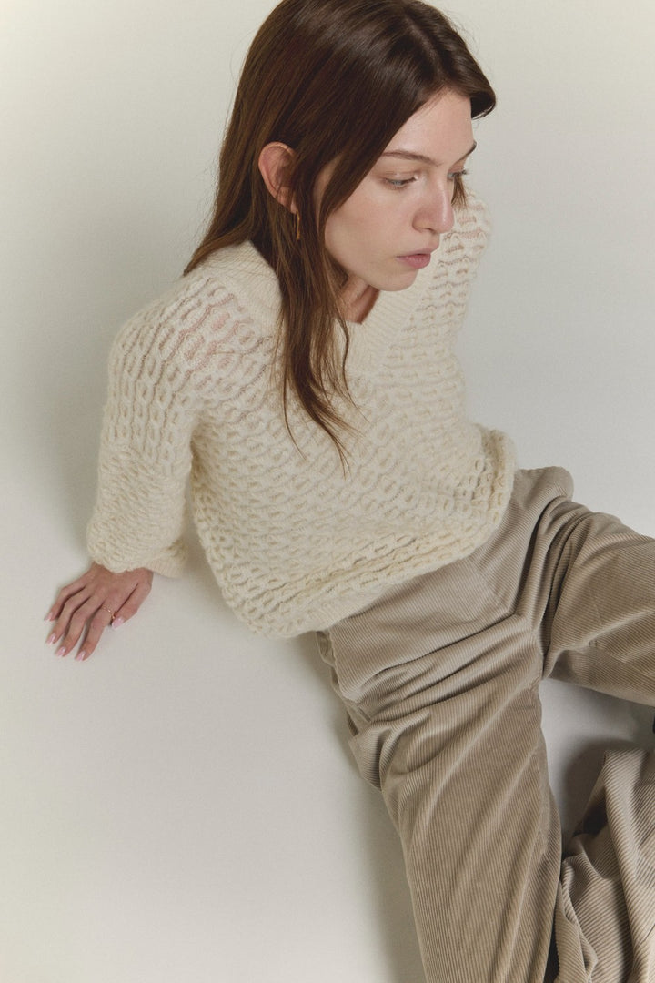 SCAGLIONE V Neck Boxy Fluffy Lace Sweater