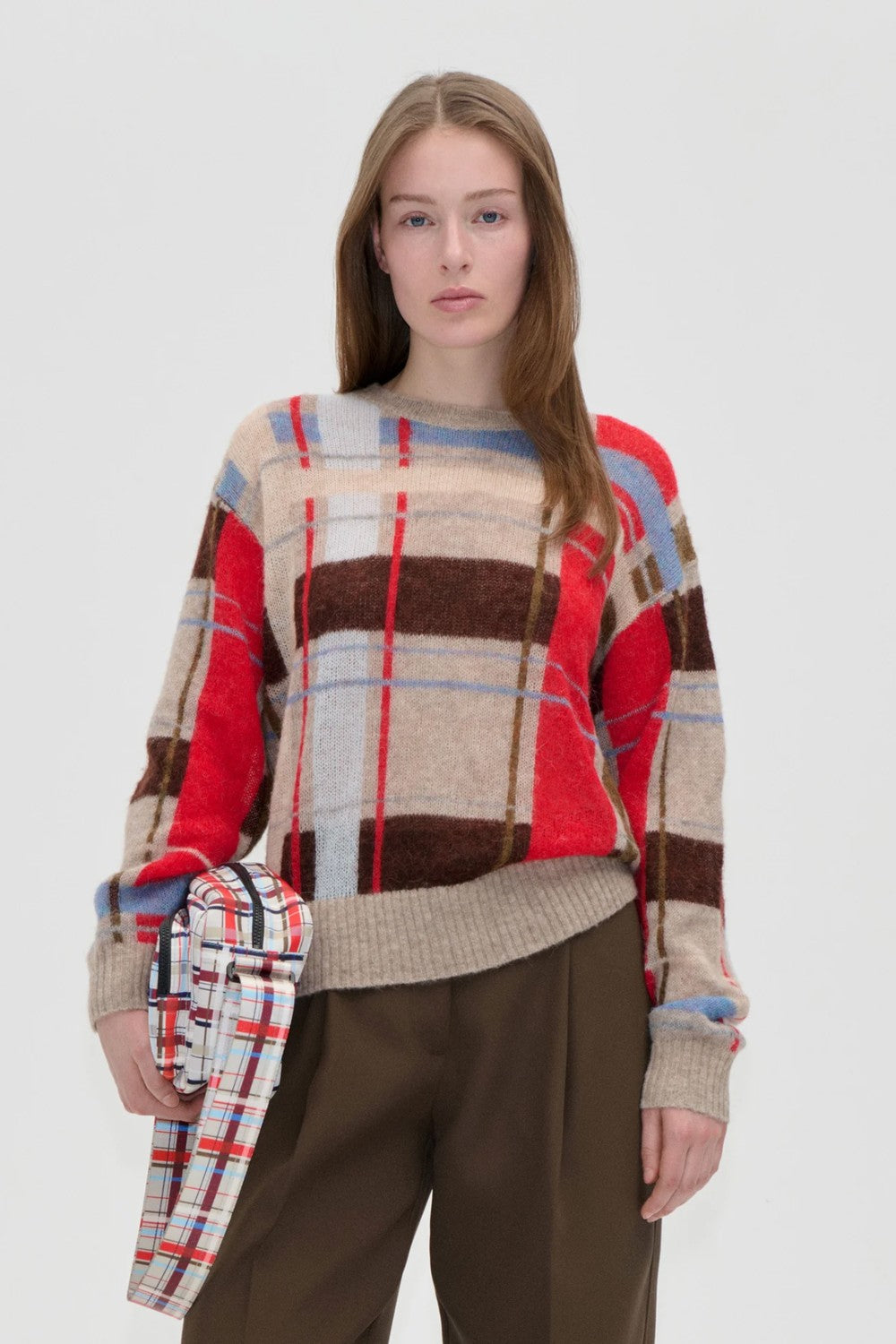 Stine Goya Wool Alpaca Long Sleeve Crewneck Knit Pullover Scarlet Grid