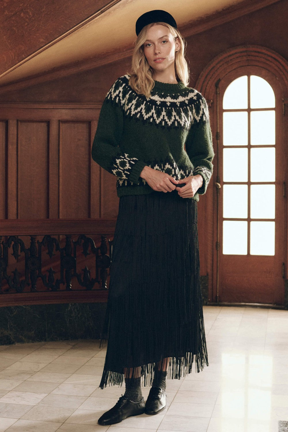 The Great The Arctic Fairisle Pullover in Winter Pine — styled