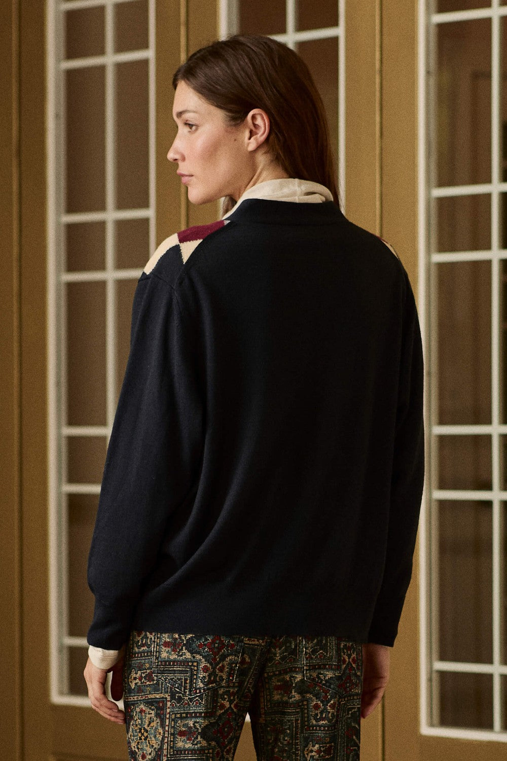 The Great The Argyle Menswear Cardigan in Navy — back view