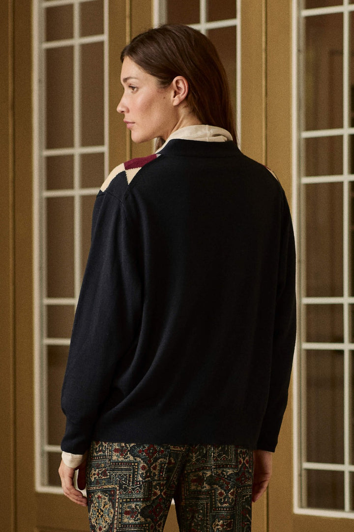 The Great The Argyle Menswear Cardigan in Navy — back view