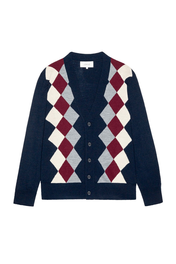 The Great The Argyle Menswear Cardigan in Navy — flat lay