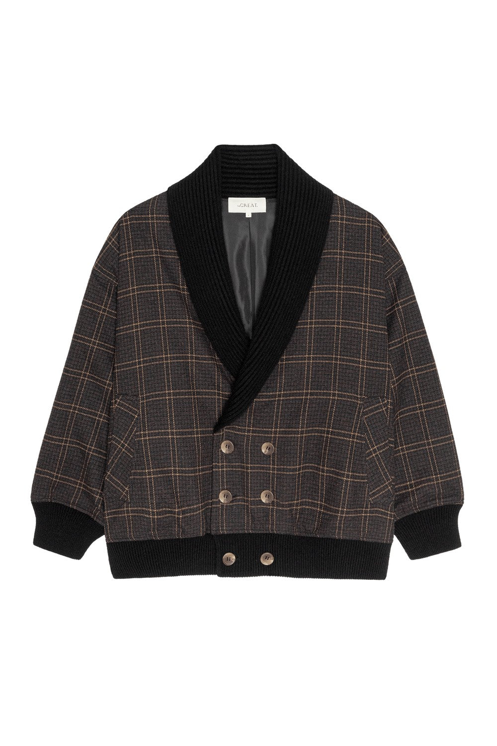 The Great The Double Breasted Shawl Collar Coat in Estate Plaid — flat lay