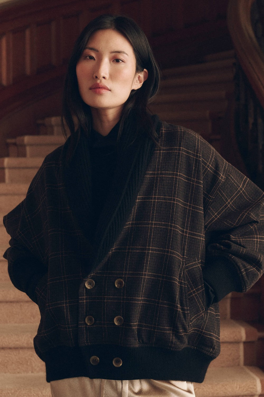 The Great The Double Breasted Shawl Collar Coat in Estate Plaid — front view