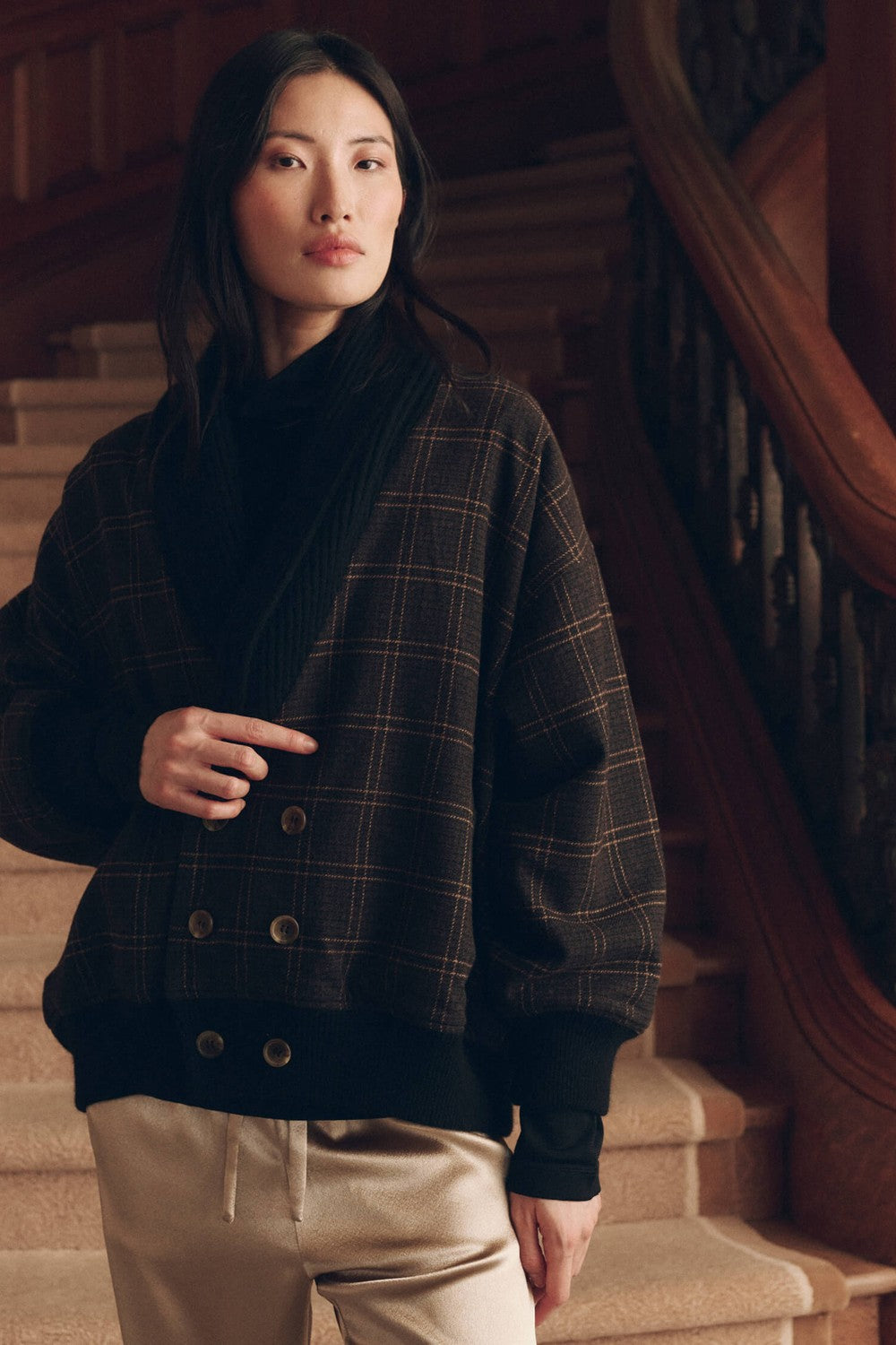 The Great The Double Breasted Shawl Collar Coat in Estate Plaid — styled