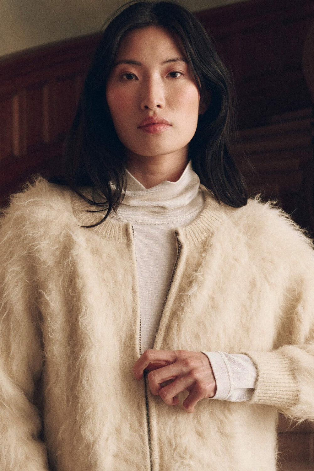 The Great The Fuzzy Bomber Sweater in Cream — texture detail