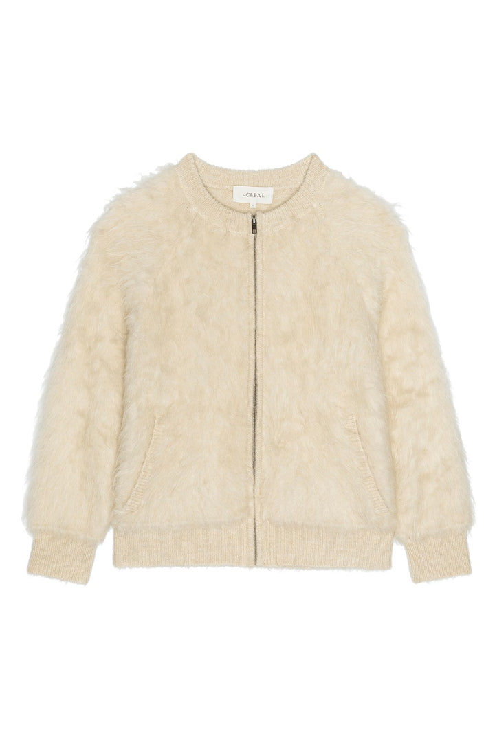 The Great The Fuzzy Bomber Sweater in Cream — flat lay