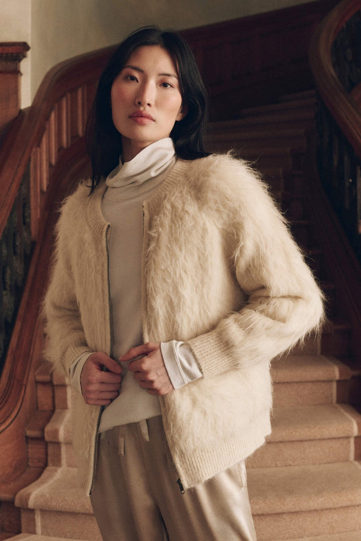 The Great The Fuzzy Bomber Sweater in Cream — front view