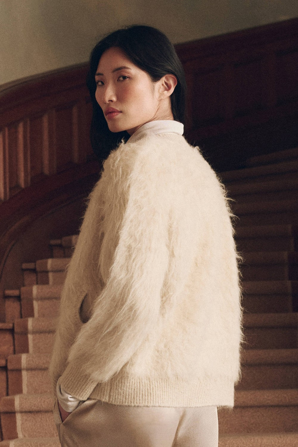 The Great The Fuzzy Bomber Sweater in Cream — alternate side view