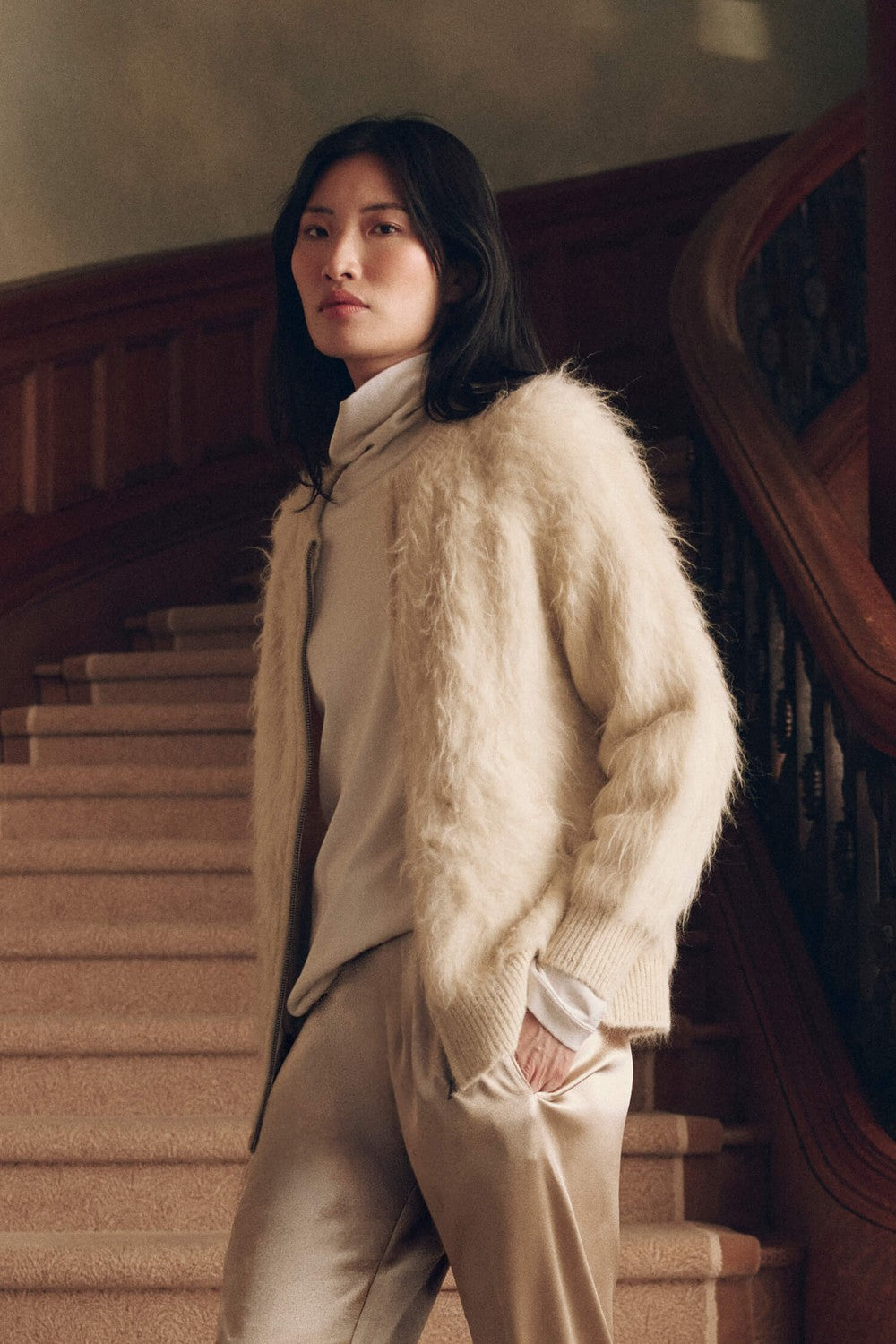 The Great The Fuzzy Bomber Sweater in Cream — side view