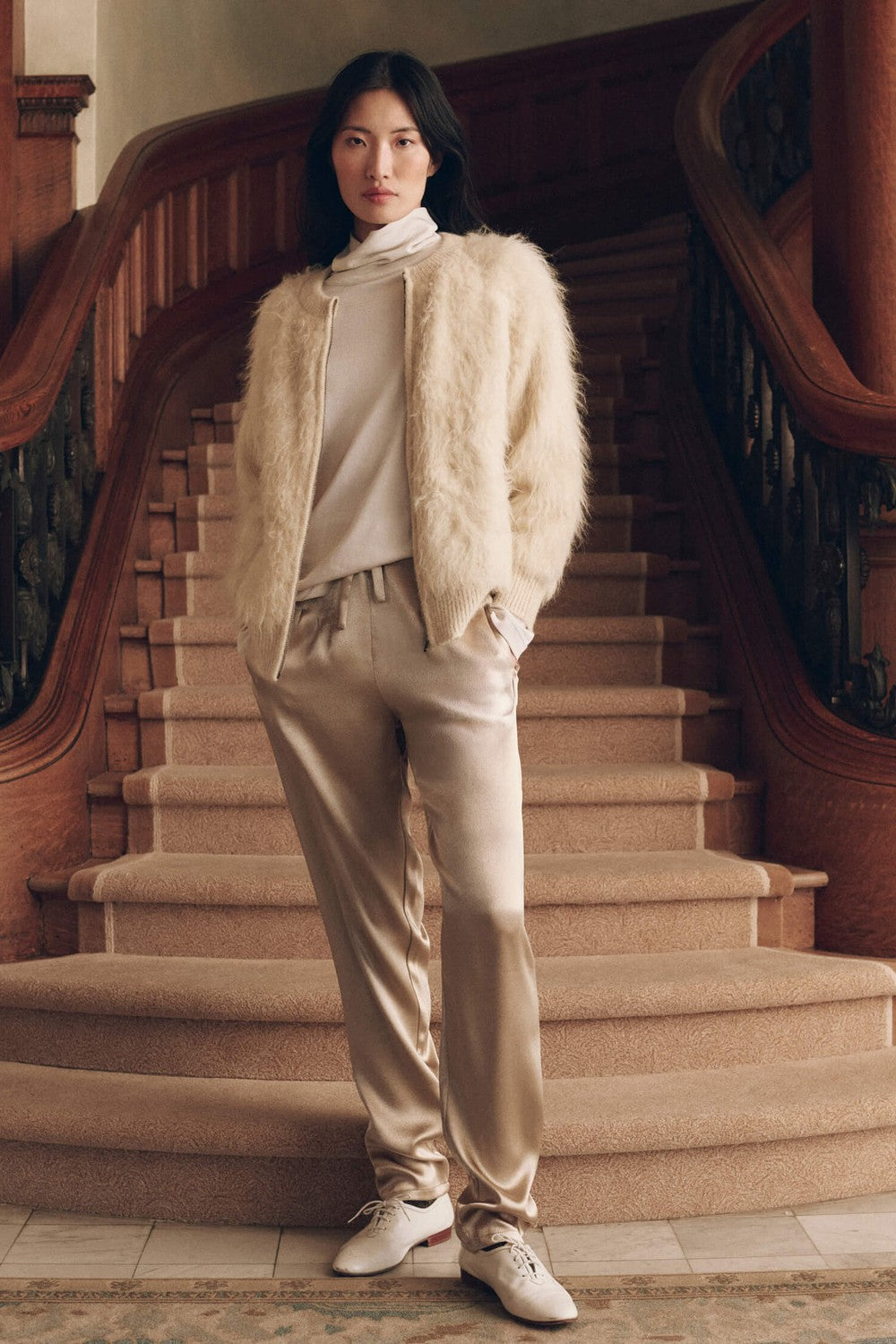 The Great The Fuzzy Bomber Sweater in Cream — styled