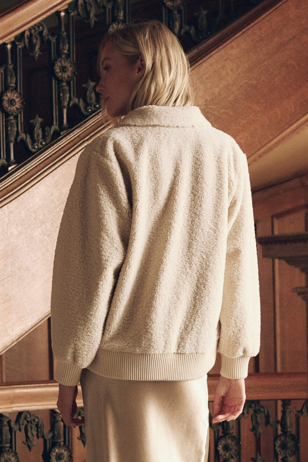 The Great The Patch Pocket Plush Jacket in Cream — back view