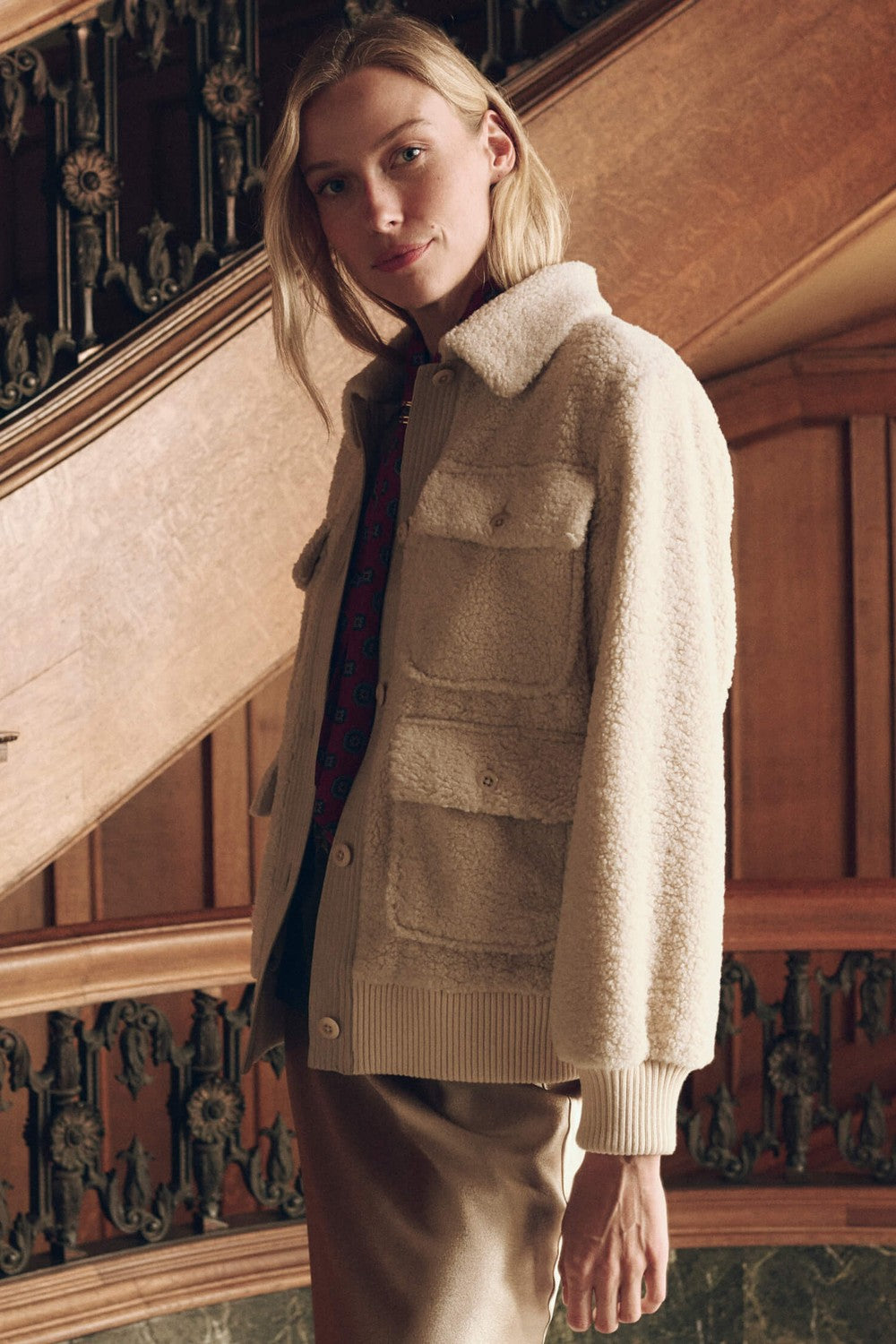 The Great The Patch Pocket Plush Jacket in Cream — front view