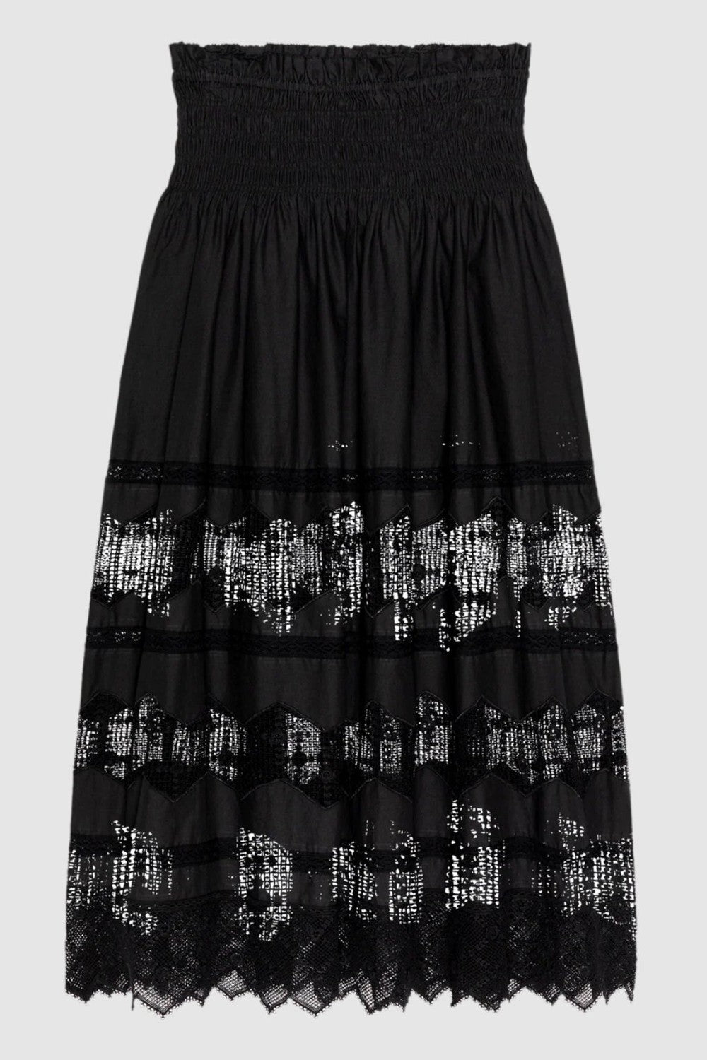 The Great Rosette Black Crochet lace skirt, sold at Grethen House, is lying on a white background.