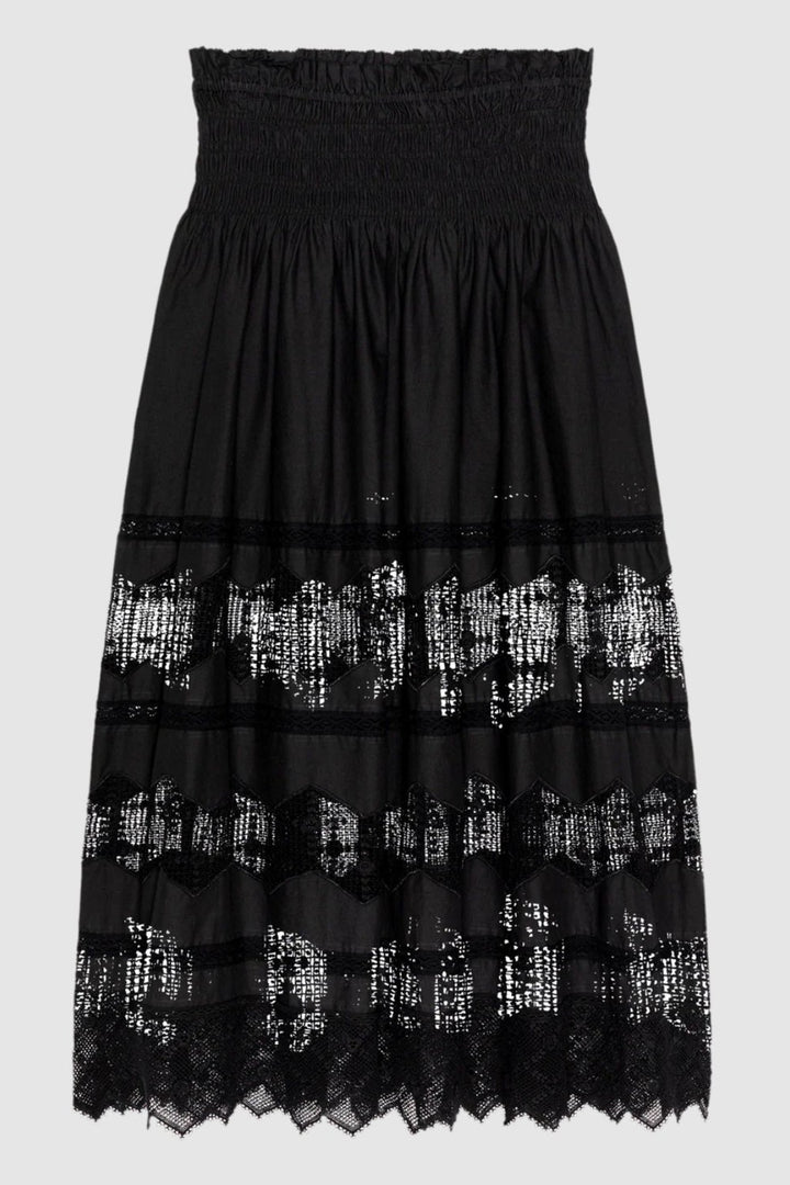 The Great Rosette Black Crochet lace skirt, sold at Grethen House, is lying on a white background.