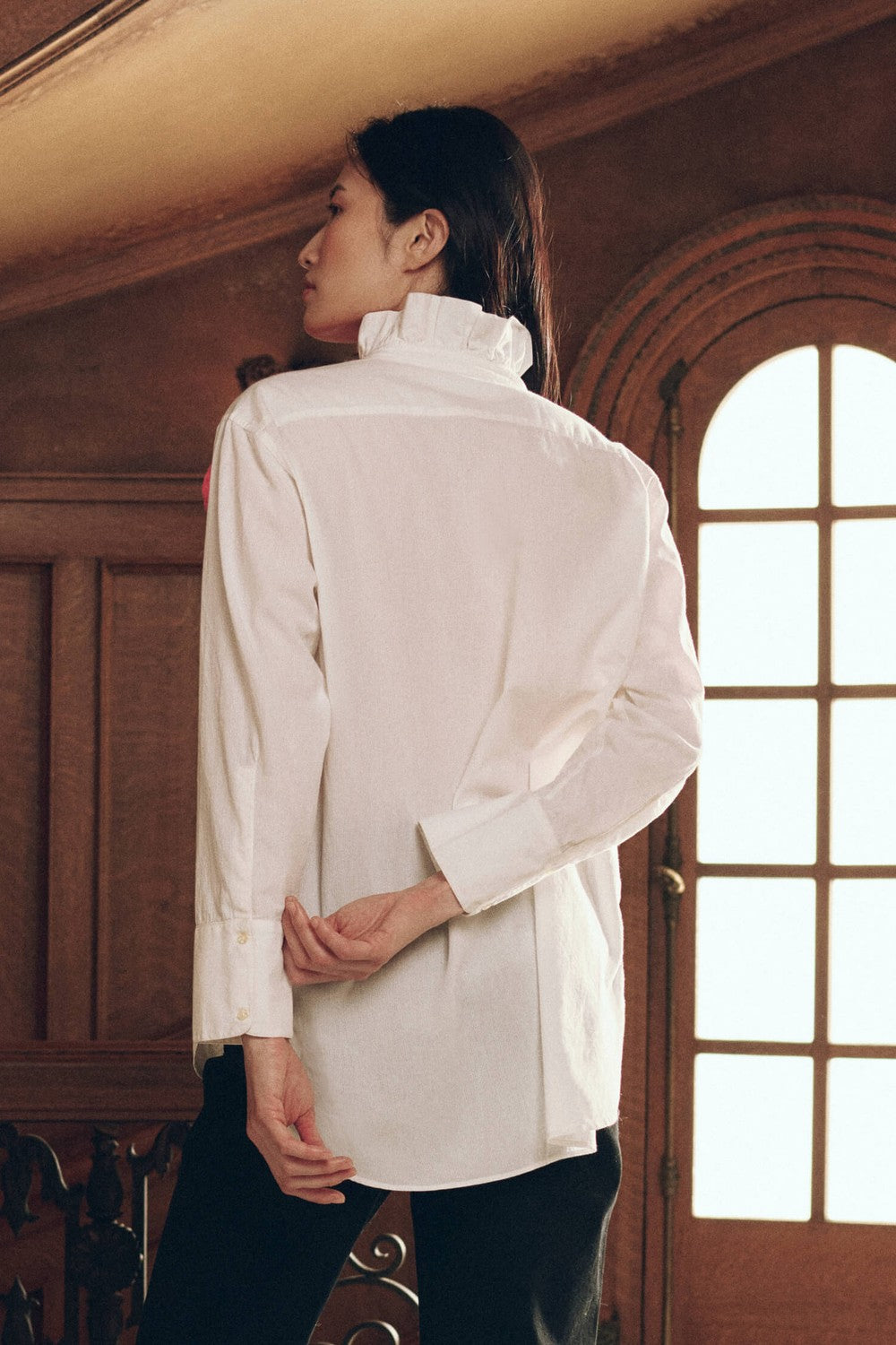 The Great The Ruffle Neck Shirt in White — back view