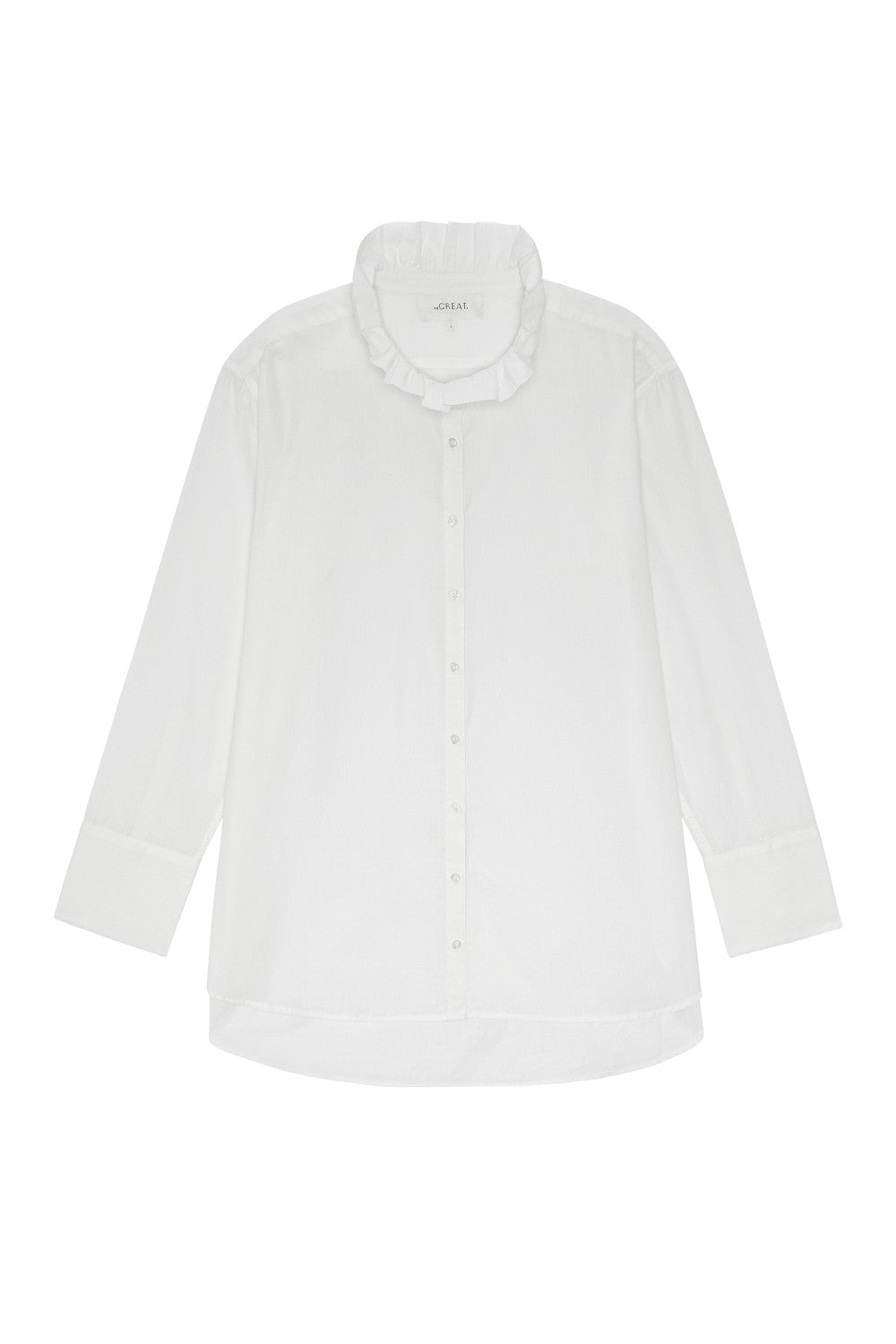 The Great The Ruffle Neck Shirt in White — flat lay