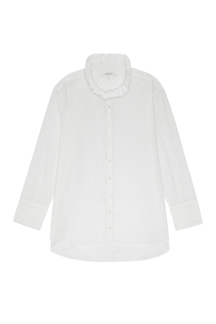 The Great The Ruffle Neck Shirt in White — flat lay