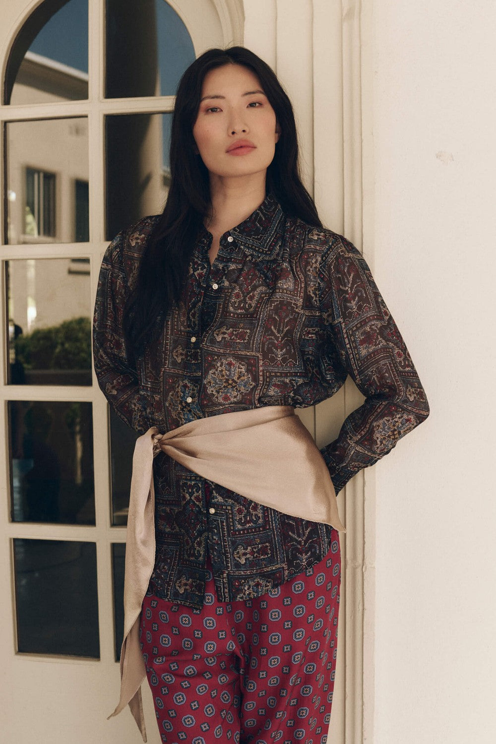 The Great The Theater Top in Heirloom Textile Print — styled look 2