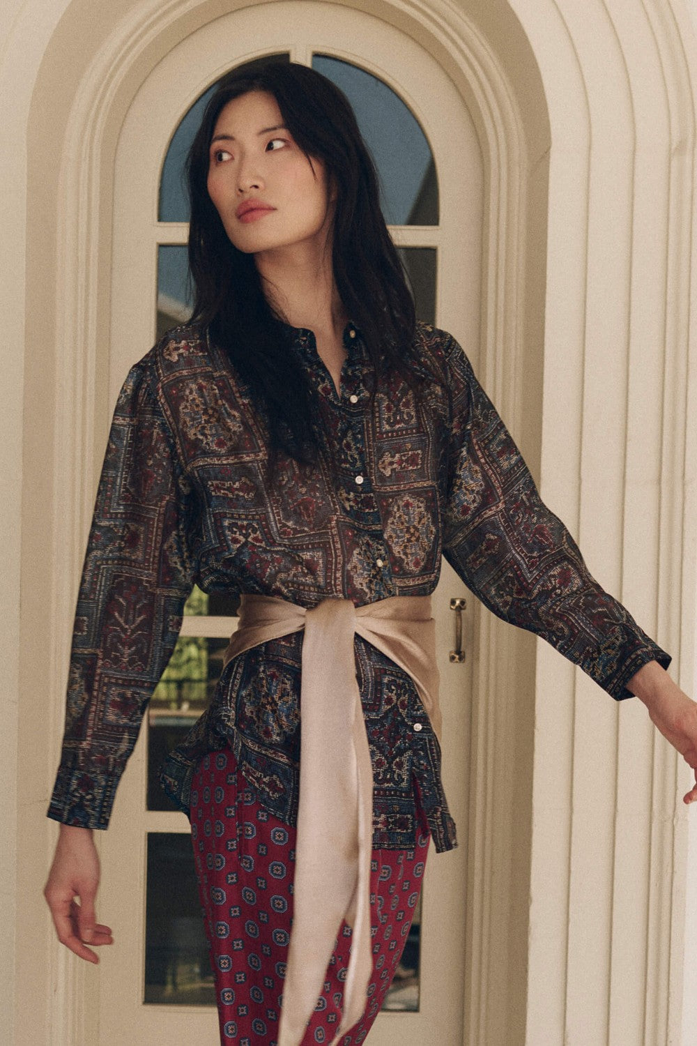 The Great The Theater Top in Heirloom Textile Print — styled look 3