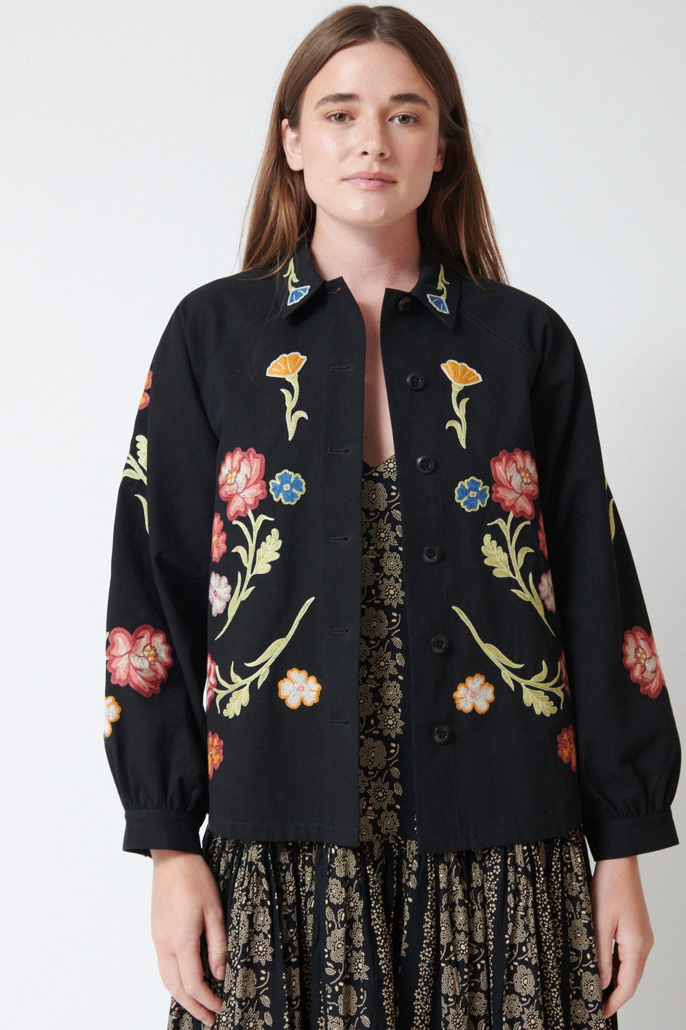 Julia wearing The Great The Embroidered Commodore Jacket front view