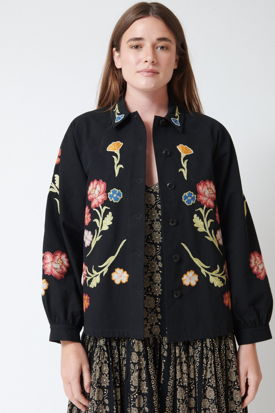 Julia wearing The Great The Embroidered Commodore Jacket front view