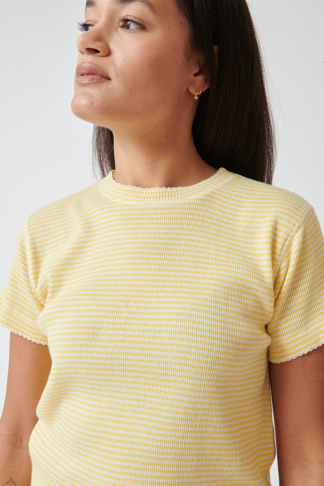 Amanda wearing The Great The Little Tee Soft Yellow Stripe front/detail view