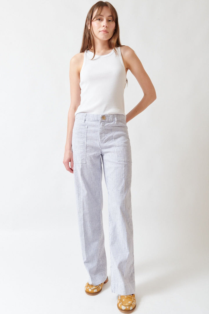 Angela wearing Frank & Eileen Limerick Wrap Pocket Pant Navy White Stripe front view
