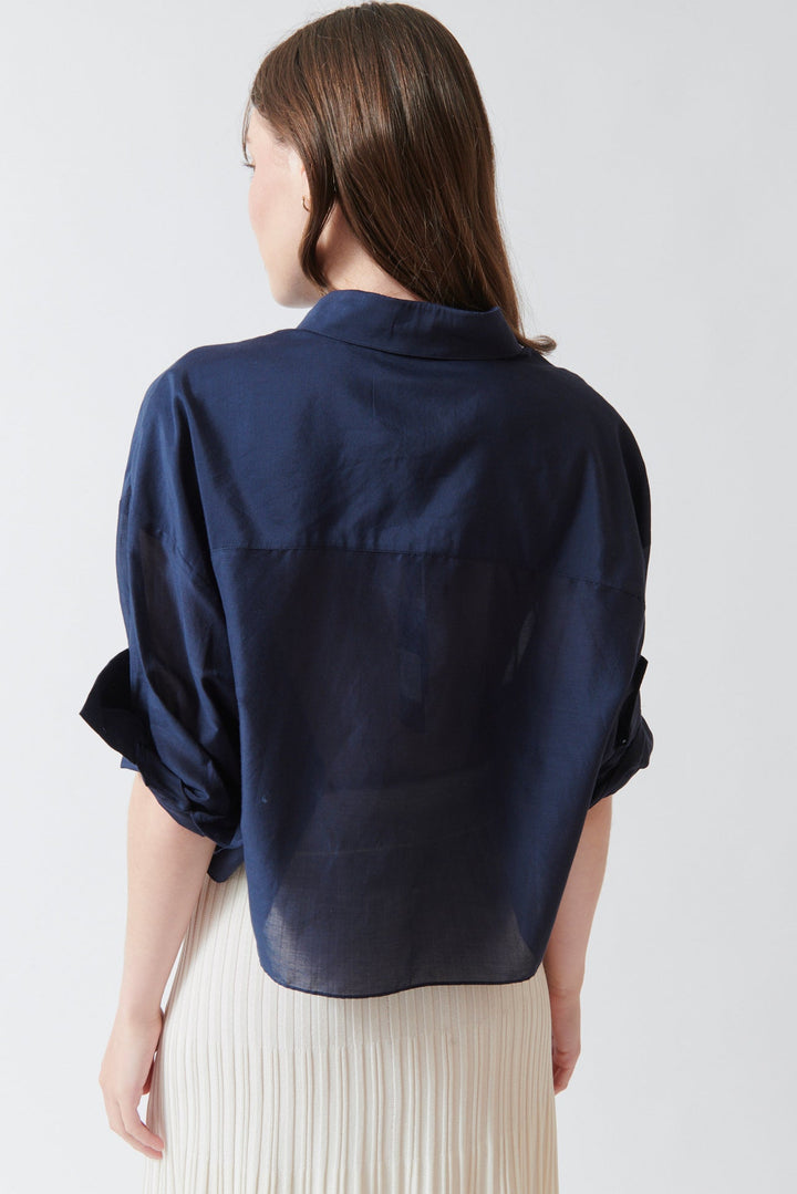 Angela wearing TWP Next Ex With Ruffle Shirt Midnight rear view