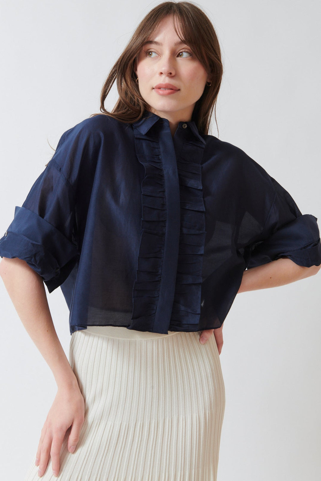 Angela wearing TWP Next Ex With Ruffle Shirt Midnight front view