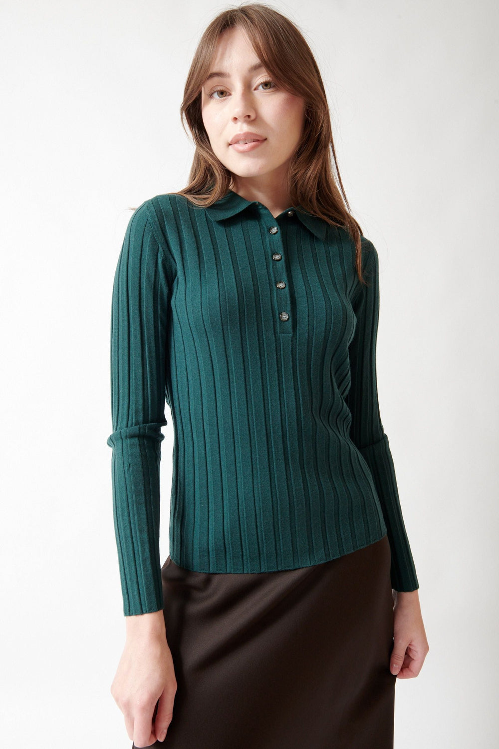 Angela wearing Allude Full Sleeve Carmen Poloneck Sweater front view