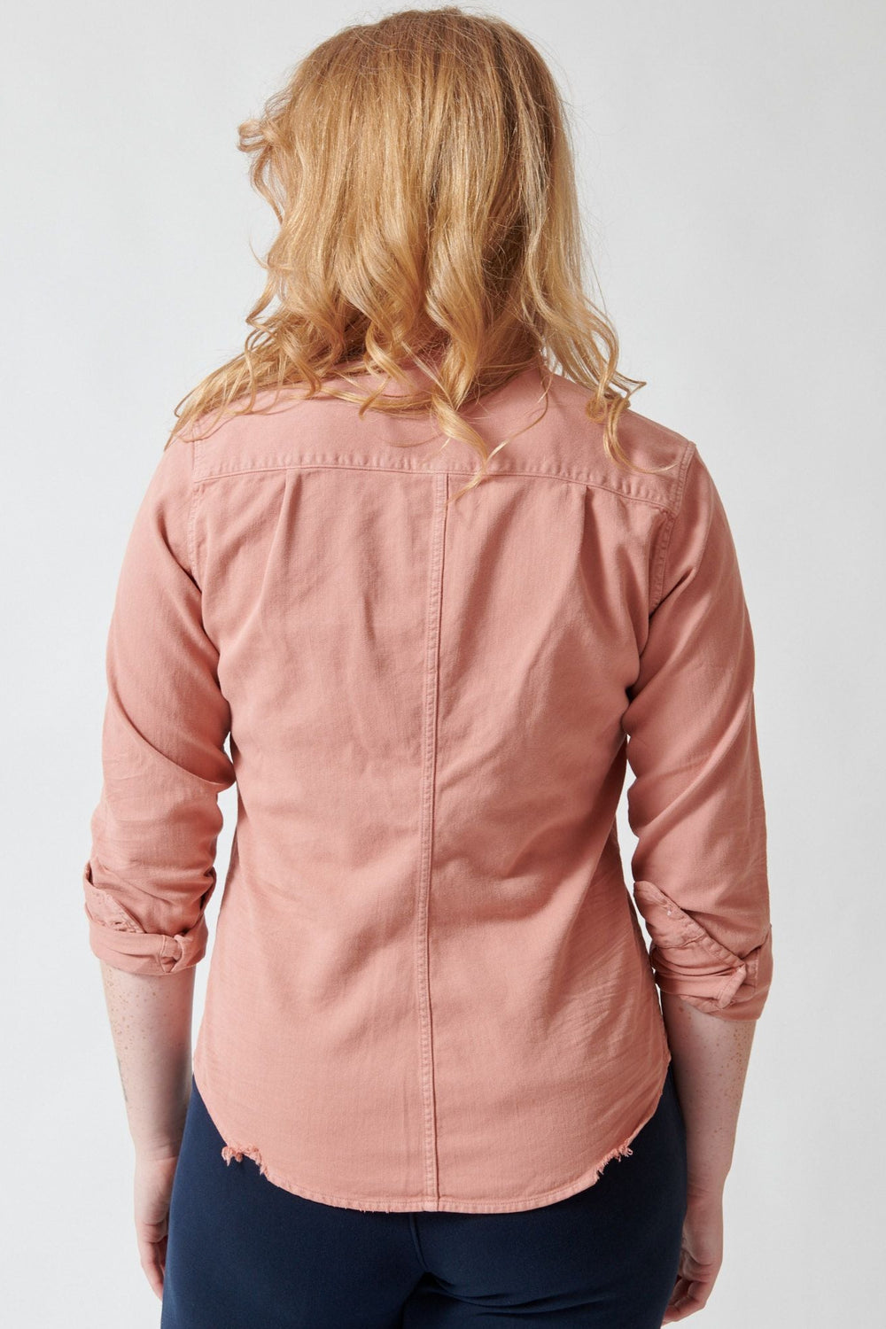 Waverly wearing Frank & Eileen Barry Tailored Button Up Shirt Adobe REAR view