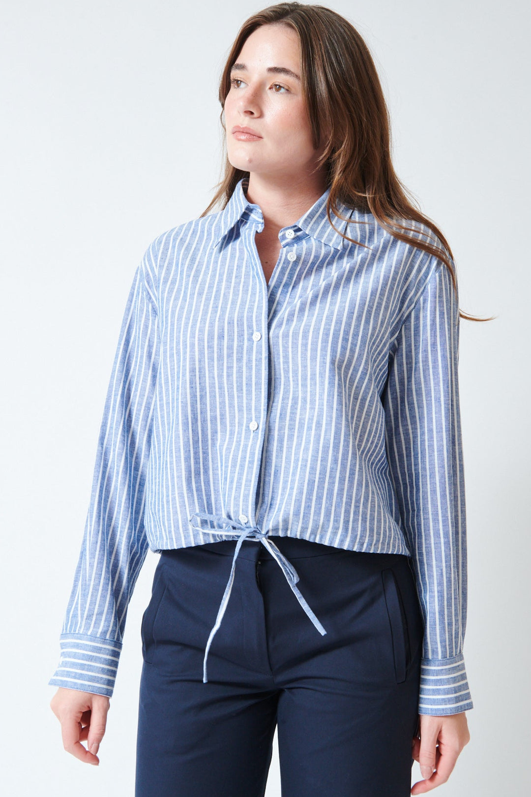 Julia wearing WE-AR4 The Riva Shirt Blue Stripe front view