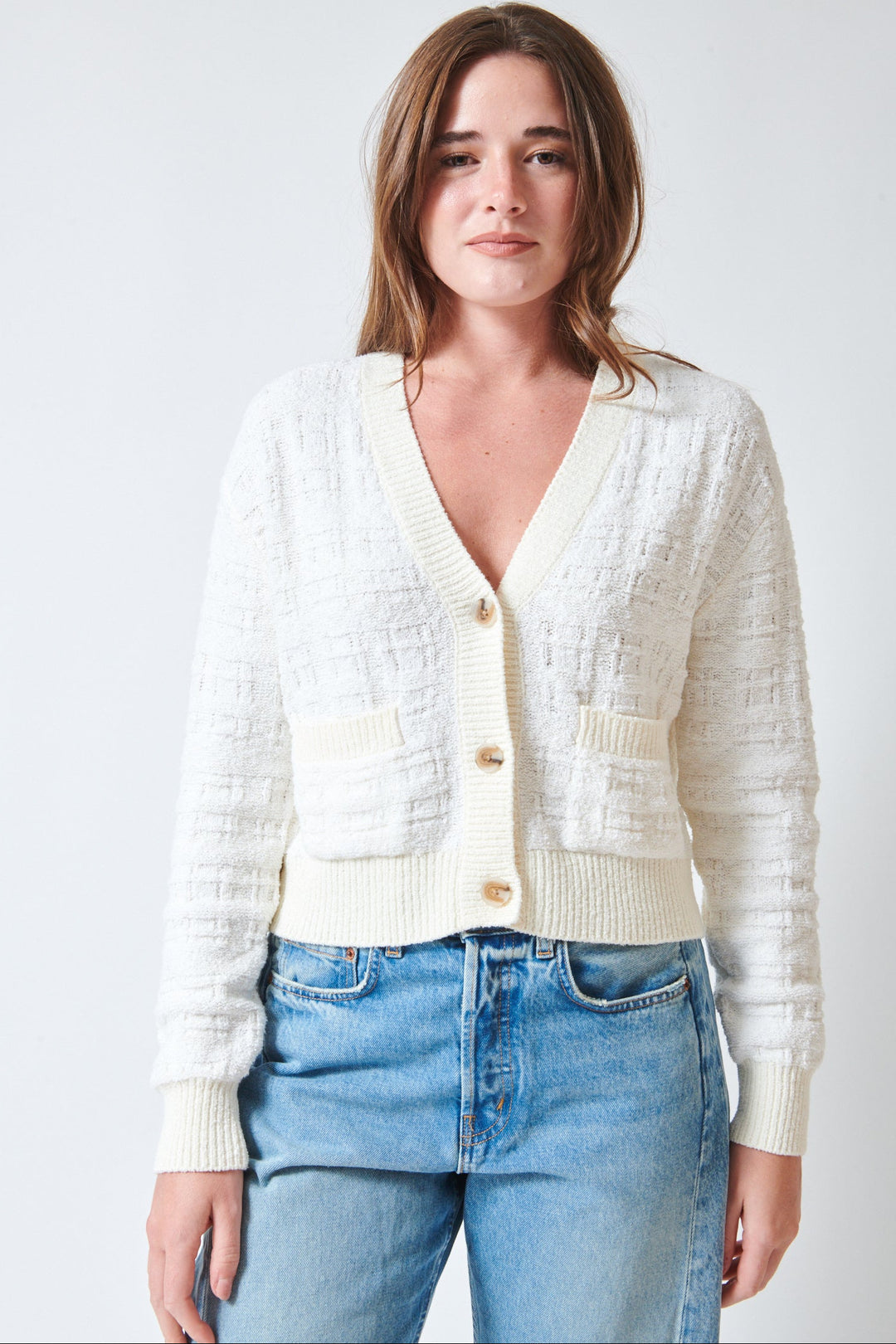 Julia wearing White + Warren Textured Boucle Cardigan Ivory Tonal front view