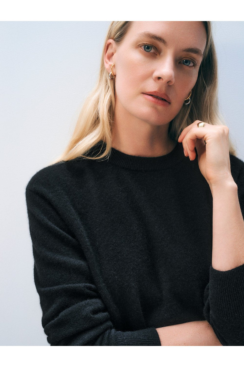 White + Warren Cashmere Crew in Black, close-up on model
