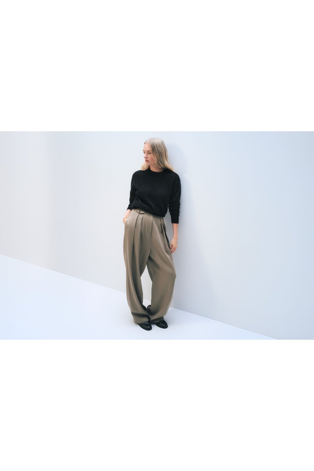 White + Warren Cashmere Crew in Black, full-length styled view