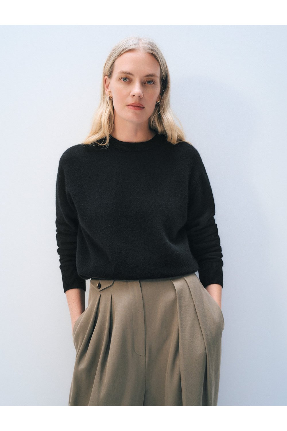 White + Warren Cashmere Crew in Black, styled on model