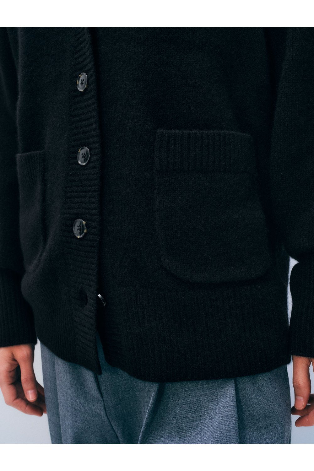 White + Warren Cashmere Luxe Pocket Cardigan in Black, button and pocket detail