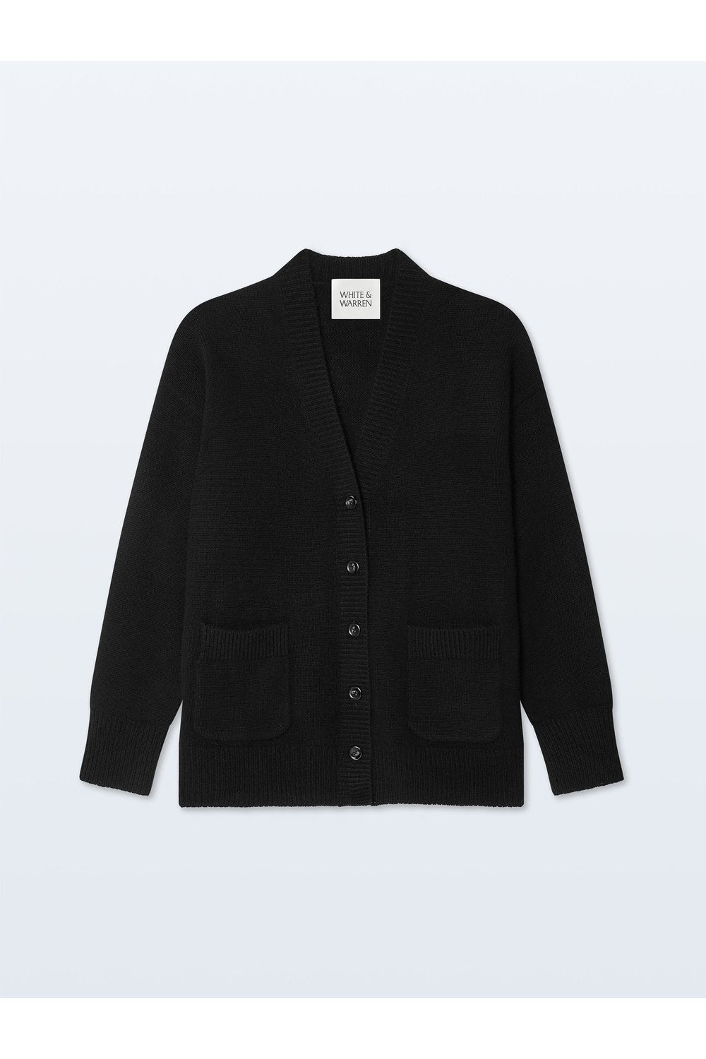 White + Warren Cashmere Luxe Pocket Cardigan in Black, front view