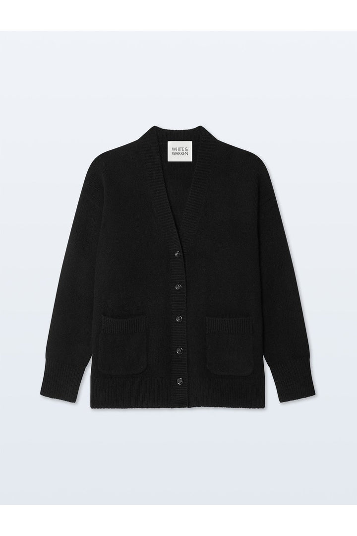 White + Warren Cashmere Luxe Pocket Cardigan in Black, front view