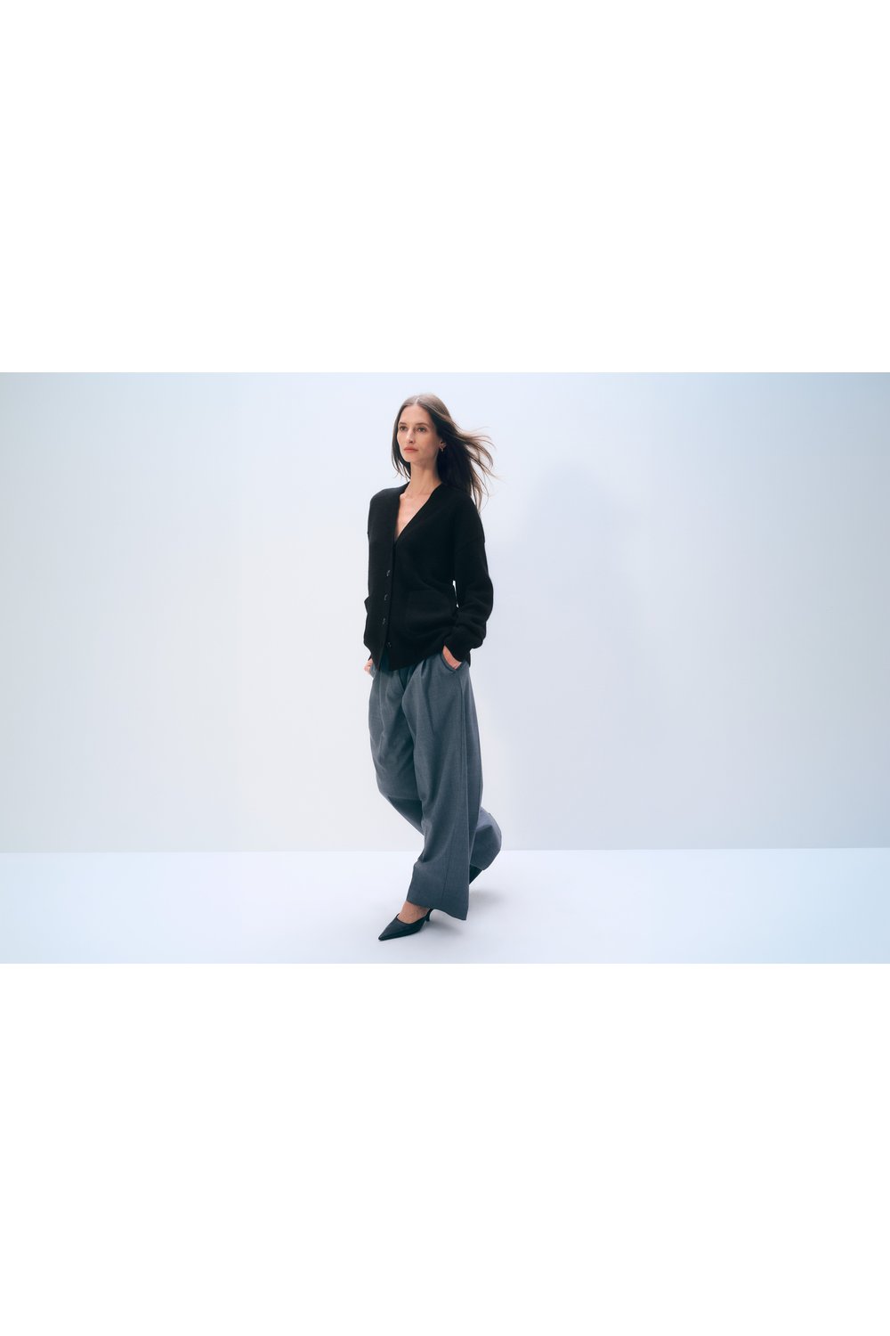 White + Warren Cashmere Luxe Pocket Cardigan in Black, full-length styled view